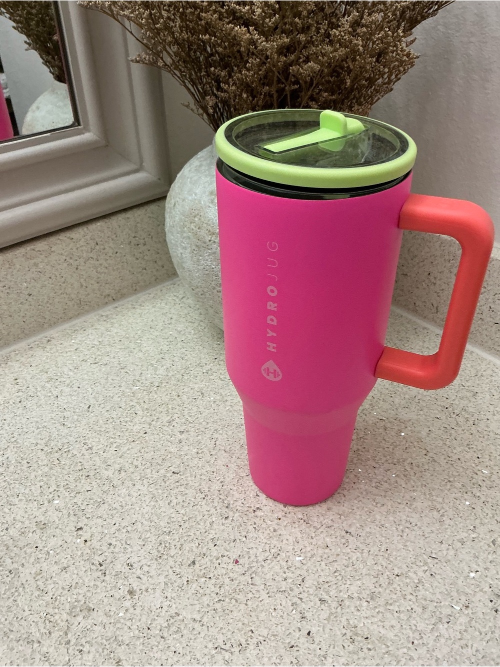 HydroJug Hot Pink Tumbler with Neon Green Lid and Coral Handle